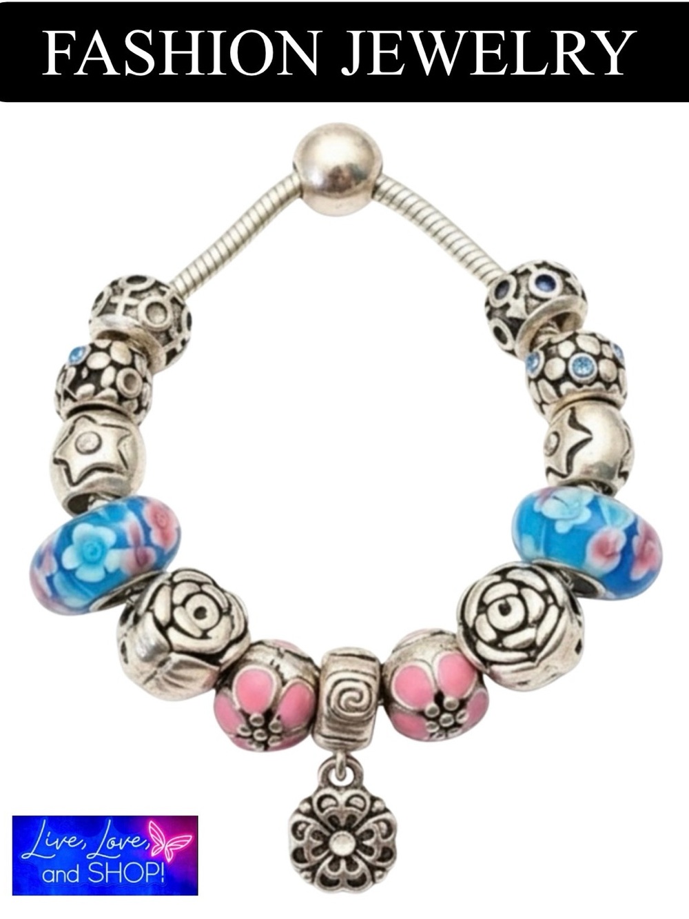 A-1DC-42 BRACELET: Pink, Blue, and Silver Plated Charm Bracelet with Claw Clasp.